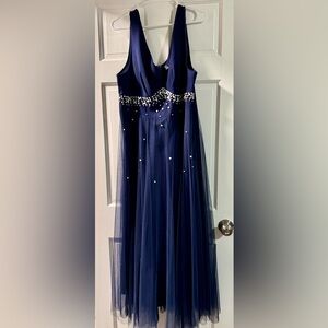 SHEIN Navy Blue Prom Dress with Pearl Details